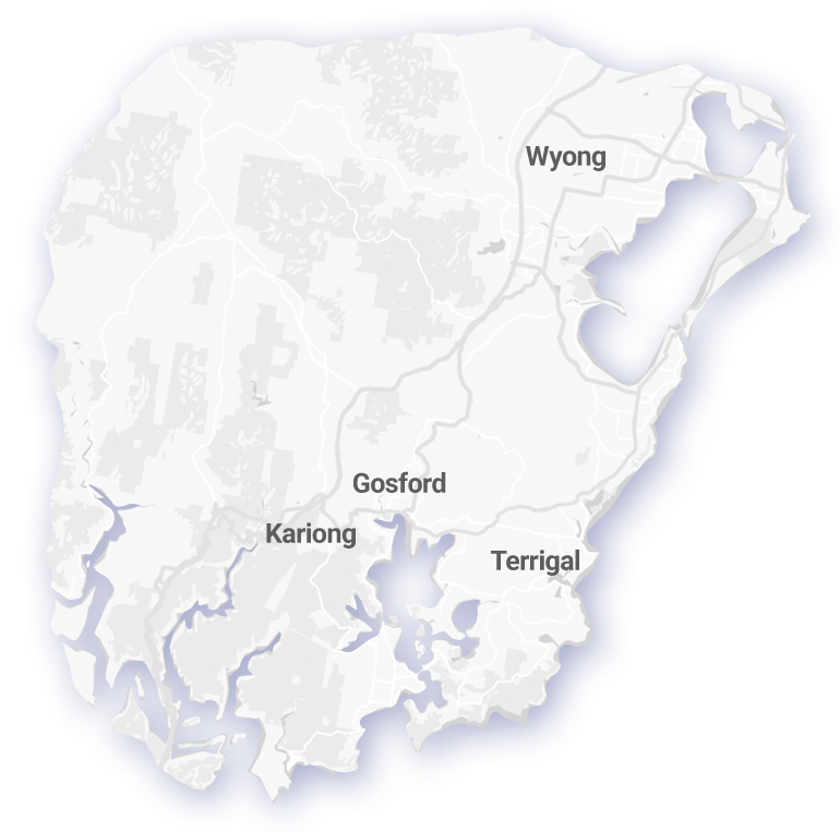 Plumber service area map of Central Coast with Mangrove Mountain, Tuggerah. Bateau Bay, Gosford, Terrigal and Woy Woy highlighted